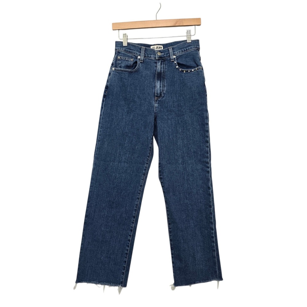 LE JEAN Mia Relaxed Straight Jeans 25 Blue Studded Raw Hem High Rise Made in USA